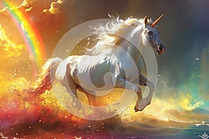 Full shot, unicorn on rainbow sky background. Generative AI