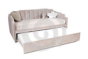 Full-size folding sofa-bed light brown fabric with storage space, isolated on white background