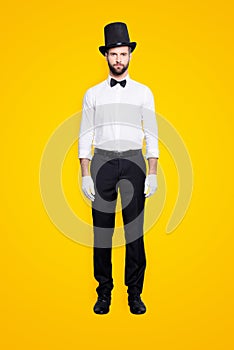 Full size fullbody portrait of stylish attractive magician in tophat, formal wear, bow, looking at camera, isolated on