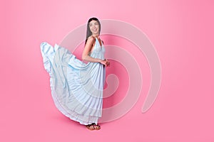 Full size photo of adorable lady bachelorette enjoy prom event wear spring fluttering sarafan isolated pastel color