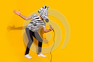 Full size photo of bizarre authentic guy rocker in zebra mask sing song mic isolated over bright yellow color background