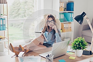 Full size photo of elegant business lady lawyer sitting in her o