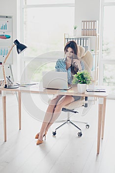 Full size photo of elegant business lady sitting in her office a
