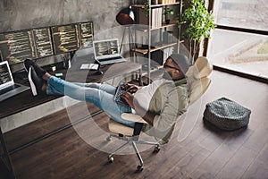 Full size photo of guy server protection service worker sit chair typing maintenance start-up tech in workspace