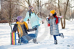 Full size photo of happy excited funky funny cheerful family having fun outdoors enjoying winter vacation holiday