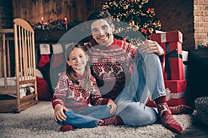 Full size photo of happy young positive daughter father good mood enjoy sit floor carper xmas indoors inside house home