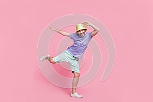 Full size photo of nice young cool man dancing beach pool party disco hip hop wear stylish blue outfit isolated on pink