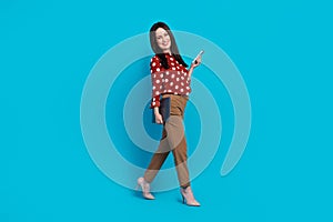 Full size photo of smart person wear red blouse brown trousers hold laptop smartphone go empty space isolated on blue