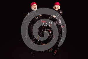 Full size photo of two pensioners cool aged lady man rock group performing all life together concert drum instruments