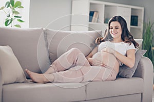 Full size photo of young beautiful attractive happy positive smiling cheerful pregnant woman lying on sofa at home house