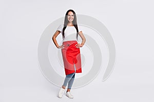 Full size photo of young happy cheerful smiling woman hairdresser in red apron isolated on grey color background