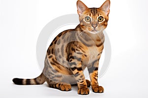 Full size portrait of Bengal cat isolated on white background