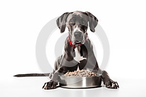 Full size portrait of unhappy Great Dane dog with a big bowl of dog food Isolated on white background