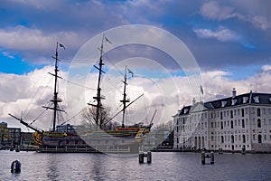 A full size replica of the 8th-century ship Amsterdam of the VOC, Dutch East India Company, moored at the Maritime Museum