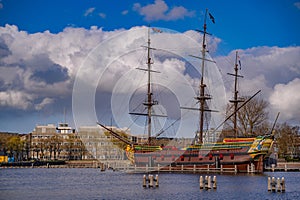 A full size replica of the 8th-century ship Amsterdam of the VOC, Dutch East India Company, moored at the Maritime Museum