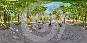 Full spherical 360 degrees seamless panorama in equirectangular equidistant projection, panorama in park green zone, VR content