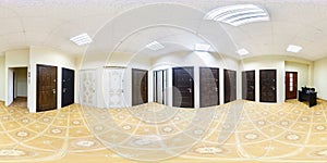 full spherical 360 degrees seamless panorama in interior wooden door store shop in equirectangular projection, VR content