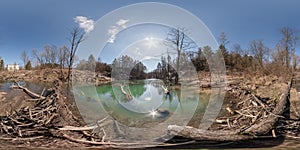 Full spherical hdr panorama 360 degrees angle view near lake with beaver dam in equirectangular projection. VR AR content