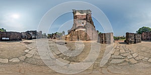 full spherical hdri 360 panorama near stone abandoned ruined tower of portugese church in old goa india in equirectangular