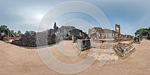 full spherical hdri 360 panorama near stone abandoned ruined tower of portugese church in old goa india in equirectangular