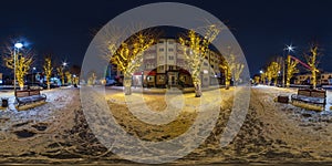 full spherical night 360 panorama in festively lit on pedestrian street with trees decorated with festive lights in