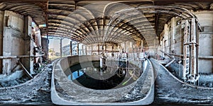 Full spherical seamless hdri panorama 360 degrees angle view concrete structures of abandoned ruined building of cement factory in