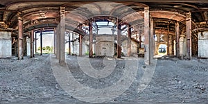 Full spherical seamless hdri panorama 360 degrees angle view concrete structures of abandoned ruined building of cement factory in