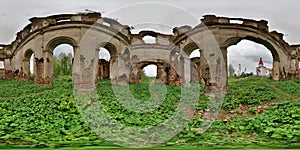 Full spherical seamless hdri panorama 360 degrees angle view inside of brick structures of abandoned ruined building of church in