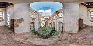 Full spherical seamless hdri panorama 360 degrees angle view inside of concrete structures of abandoned ruined building of church
