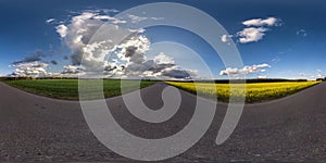 Full spherical seamless hdri panorama 360 degrees angle view on no traffic asphalt road near rapeseed canola fields with black sky