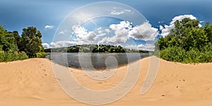 Full spherical seamless hdri panorama 360 degrees angle view on sand beach near forest of huge river in sunny day and windy