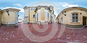 Full spherical seamless hdri panorama 360 degrees near gate of old gothic uniate of St. George Cathedral in equirectangular