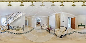 full spherical seamless hdri panorama 360 degrees view in interior of guest livivng room in apartment with stairs with sofa and tv