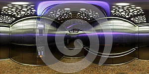 Full spherical seamless hdri panorama 360 degrees angle view inside interior of metal elevator lift room with big mirror in