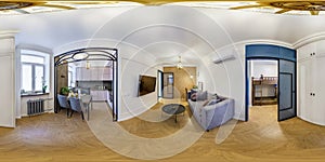 Full spherical seamless hdri 360 panorama in interior of guest living room hall in apartment with sofa armchairs and dinner table