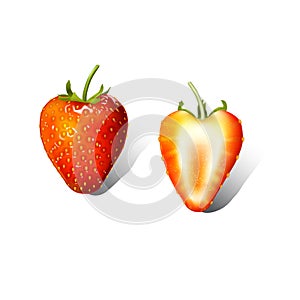 Full strawberries and half on a white background