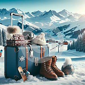 full suitcase for a winter trip for a skiing holiday