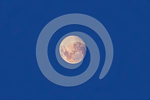 Full super moon glowing against blue sky dark background