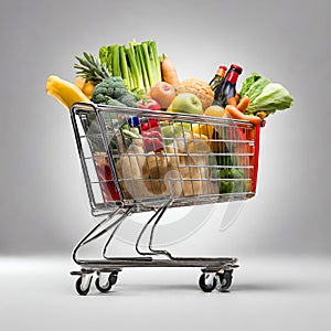 Full supermarket cart on white infinite background.