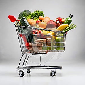 Full supermarket cart on white infinite background.