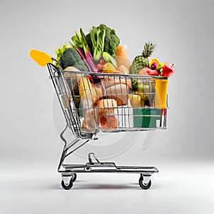 Full supermarket cart on white infinite background.