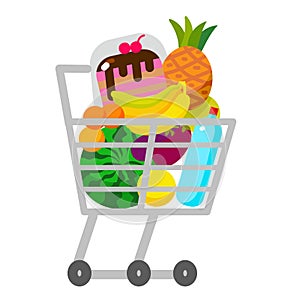 Full supermarket shopping trolley cart with grocery products. Vector