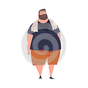 Full Sweaty Bearded Man Character with Plump Body Standing and Smiling Vector Illustration