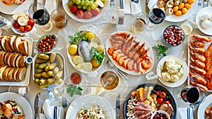 Full table of delicious Dinner party table European foods and drinks