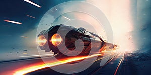 Full throttle. A sci-fi space ship on a runway or catapult accelerating full speed ahead. burning trail. fast acceleration