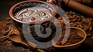 A full ultra HD photo capturing the intricate design of a Mexican hot chocolate traditional molinillo, a wooden whisk used for photo