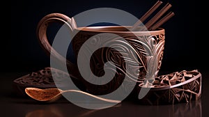 A full ultra HD photo capturing the intricate design of a Mexican hot chocolate traditional molinillo, a wooden whisk used for photo