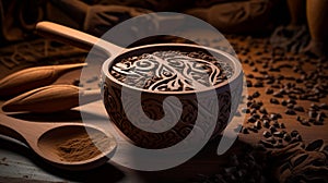 A full ultra HD photo capturing the intricate design of a Mexican hot chocolate traditional molinillo, a wooden whisk used for photo