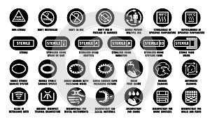 Full vector package collection of disinfectant symbols for medical device, equipment, instruments, materials. Sterile, non-sterile