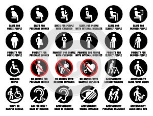 Full vector pictograms collection of round ISO icons of disabled, injured, pregnant, obese, old people with wheelchair, children
